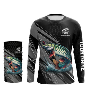 Personalized Black camo Musky Fishing Jerseys, Muskie Long Sleeve Fishing Tournament Shirts NQS8770