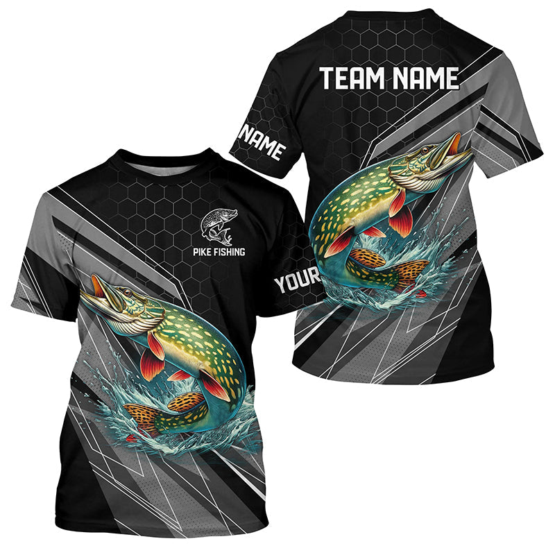 Personalized Black camo Northern Pike Fishing Jerseys, Pike Long Sleeve Fishing Tournament Shirts NQS8772