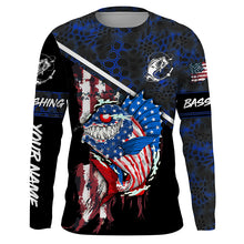 Load image into Gallery viewer, American Flag funny angry Bass fishing blue camo Custom Name Fishing Shirts NQS2995
