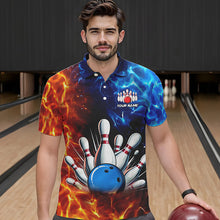 Load image into Gallery viewer, Custom Blue and Orange Flame Bowling Polo, Quarter Zip Shirts For Men, Bowling Team Jerseys NQS9592