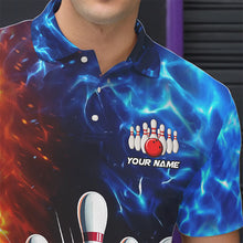 Load image into Gallery viewer, Custom Blue and Orange Flame Bowling Polo, Quarter Zip Shirts For Men, Bowling Team Jerseys NQS9592