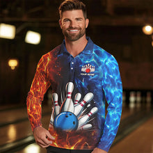 Load image into Gallery viewer, Custom Blue and Orange Flame Bowling Polo, Quarter Zip Shirts For Men, Bowling Team Jerseys NQS9592