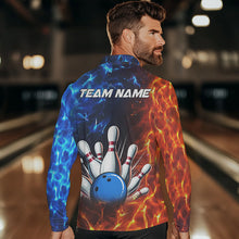 Load image into Gallery viewer, Custom Blue and Orange Flame Bowling Polo, Quarter Zip Shirts For Men, Bowling Team Jerseys NQS9592