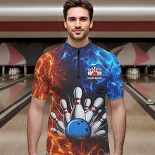 Load image into Gallery viewer, Custom Blue and Orange Flame Bowling Polo, Quarter Zip Shirts For Men, Bowling Team Jerseys NQS9592