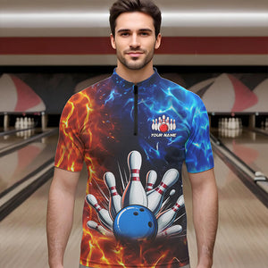Custom Blue and Orange Flame Bowling Polo, Quarter Zip Shirts For Men, Bowling Team Jerseys NQS9592