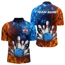Load image into Gallery viewer, Custom Blue and Orange Flame Bowling Polo, Quarter Zip Shirts For Men, Bowling Team Jerseys NQS9592