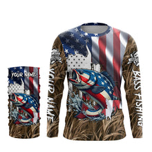Load image into Gallery viewer, American flag patriotic Largemouth Bass camo fishing, custom mens long sleeve shirts NQS1476