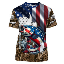 Load image into Gallery viewer, American flag patriotic Largemouth Bass camo fishing, custom mens long sleeve shirts NQS1476