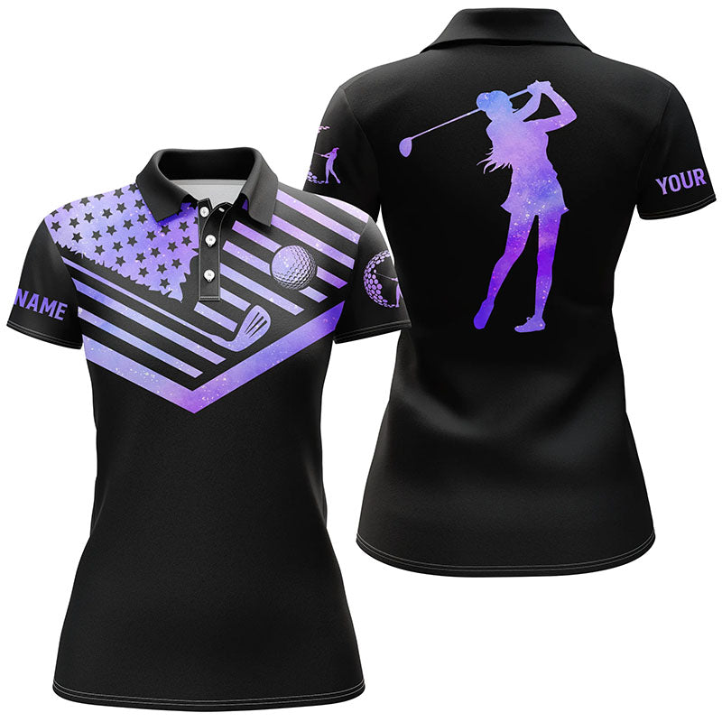 Womens golf polo shirt purple watercolor American flag custom name black golf shirt NQS5015