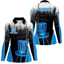 Load image into Gallery viewer, Womens Disc golf polo shirts custom black chain disc golf jerseys, frisbee golf outfit | Blue NQS7517