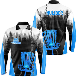 Mens Disc golf polo shirts custom black chain disc golf jerseys, frisbee golf outfit | Blue NQS7517