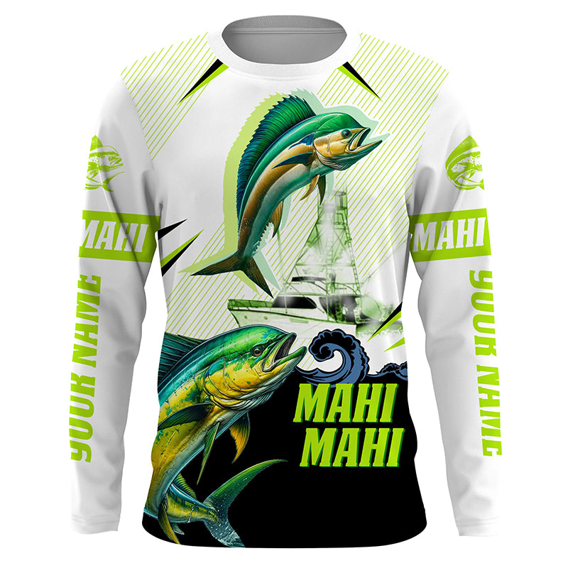 Mahi mahi Dorado fishing green camo Customize name long sleeves fishing shirts NQS1860