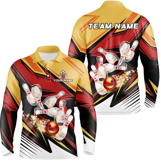 Yellow and Red Camo Bowling Polo, Quarter Zip Shirts for Men Custom bowling team jersey, bowling gifts NQS7889