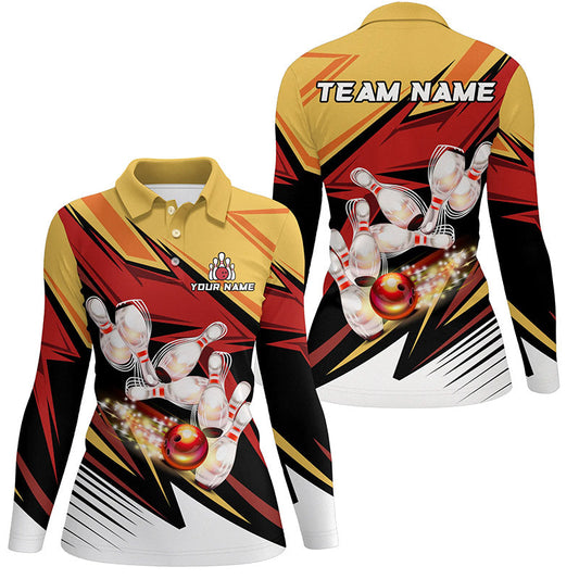 Yellow and Red Camo Bowling Polo, Quarter Zip Shirts for Women Custom bowling team jerseys, bowl gifts NQS7889