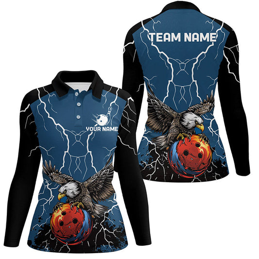 Women bowling Polo, Quarter Zip shirts Custom Eagle bowling lightning storm team league jerseys | Blue NQS7893