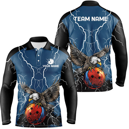 Men's bowling Polo, Quarter Zip shirts Custom Eagle bowling lightning storm team league jerseys | Blue NQS7893