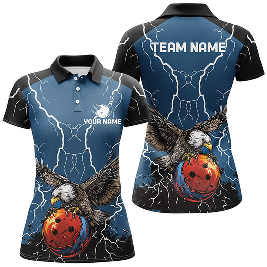 Women bowling Polo, Quarter Zip shirts Custom Eagle bowling lightning storm team league jerseys | Blue NQS7893