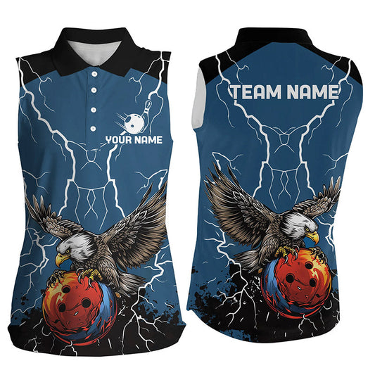 Women bowling Sleeveless Polo shirts Custom Eagle bowling lightning storm team league jerseys | Blue NQS7893