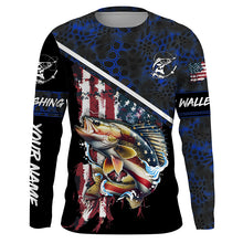 Load image into Gallery viewer, American Flag Walleye fishing blue camo Custom Name UV Protection Fishing Shirts NQS3641