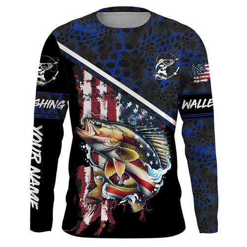 American Flag Walleye fishing blue camo Custom Name UV Protection Fishing Shirts NQS3641