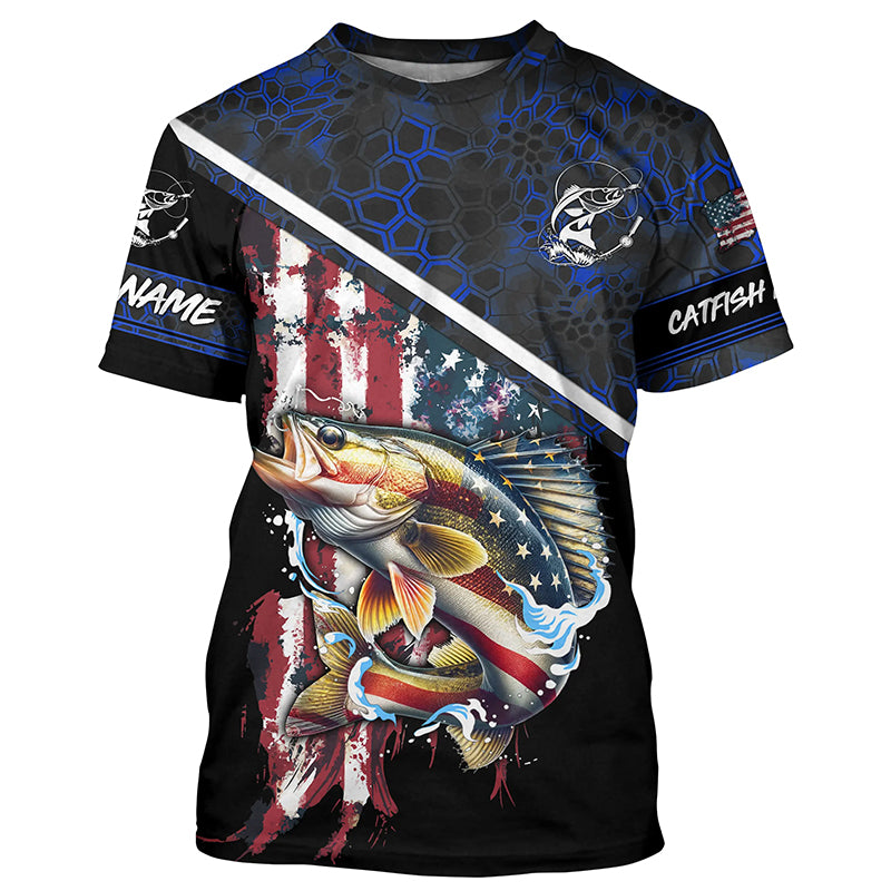 American Flag Walleye fishing blue camo Custom Name UV Protection Fishing Shirts NQS3641
