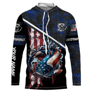 American Flag catfish fishing blue camo Custom Name Fishing Shirts UV Protection NQS3642