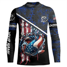 Load image into Gallery viewer, American Flag catfish fishing blue camo Custom Name Fishing Shirts UV Protection NQS3642