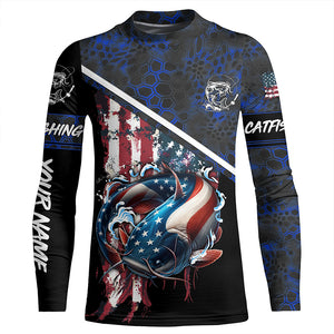 American Flag catfish fishing blue camo Custom Name Fishing Shirts UV Protection NQS3642