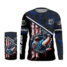 Load image into Gallery viewer, American Flag catfish fishing blue camo Custom Name Fishing Shirts UV Protection NQS3642