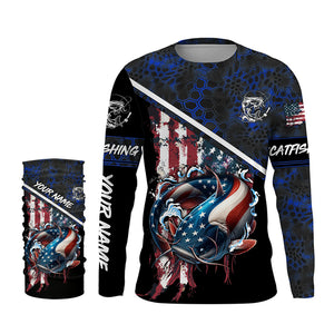 American Flag catfish fishing blue camo Custom Name Fishing Shirts UV Protection NQS3642