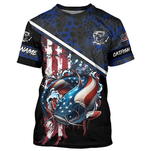 American Flag catfish fishing blue camo Custom Name Fishing Shirts UV Protection NQS3642