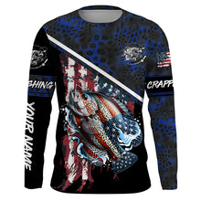 Load image into Gallery viewer, American Flag crappie fishing blue camo Custom Name Fishing Shirts UV Protection NQS3643