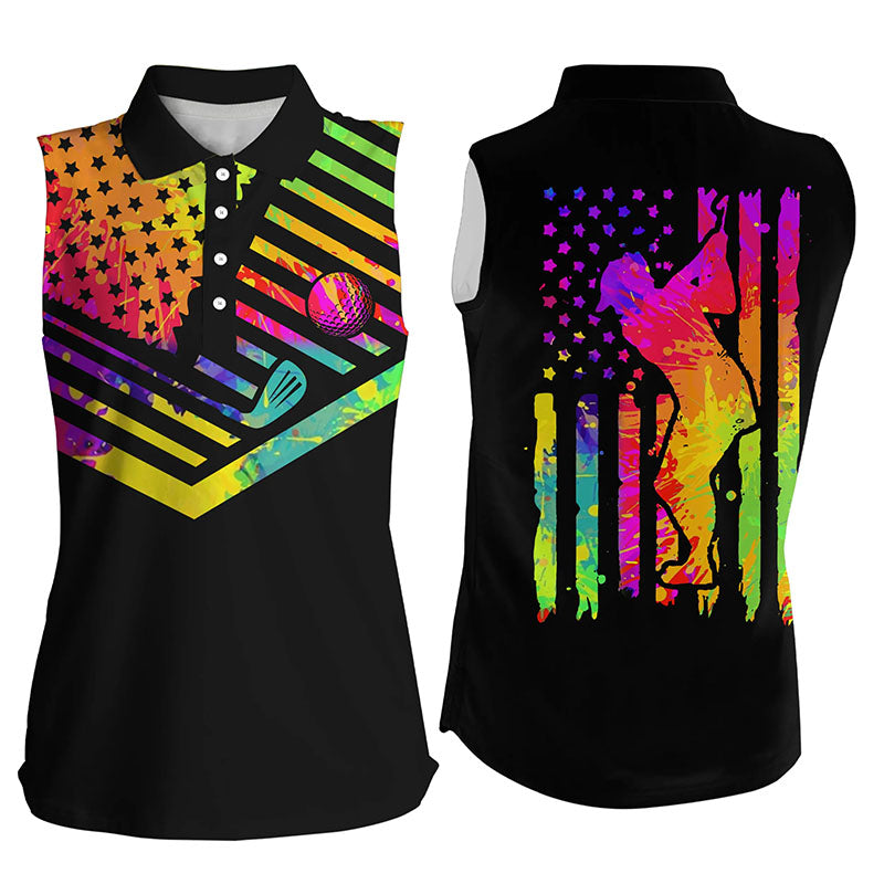 Womens sleeveless polo shirts watercolor American flag black womens golf shirt, golfer gifts NQS6004