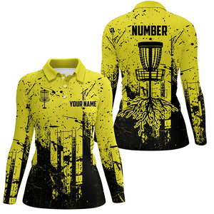 Black & yellow grunge pattern Women Disc golf polo shirt custom disc golf jerseys, frisbee golf attire NQS8101