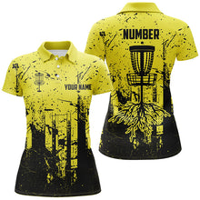 Load image into Gallery viewer, Black &amp; yellow grunge pattern Women Disc golf polo shirt custom disc golf jerseys, frisbee golf attire NQS8101