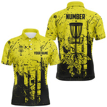 Load image into Gallery viewer, Black &amp; yellow grunge pattern Mens Disc golf polo shirts custom disc golf jerseys, frisbee golf attire NQS8101