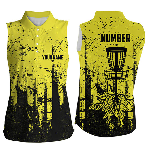 Black & yellow grunge pattern Women sleeveless Disc golf polo shirts custom disc golf jerseys NQS8101