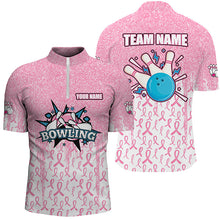 Load image into Gallery viewer, Pink glitter ribbon Men Bowing Polo, 1/4 Zip Shirts Custom Breast Cancer Awareness bowling jerseys NQS8103