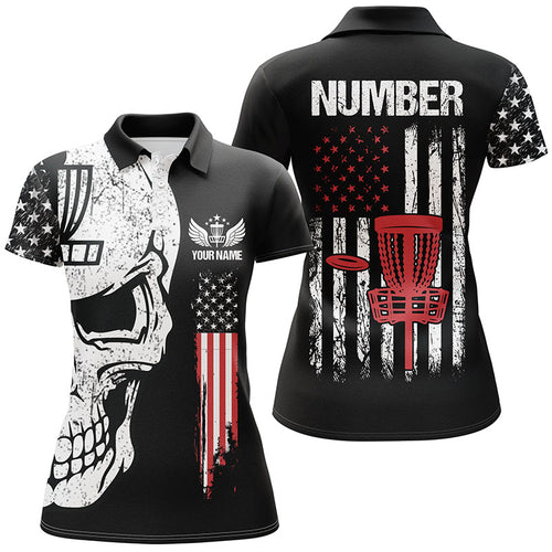 Black American flag Womens disc golf polo shirts custom name, number patriotic disc golf skull apparel NQS6205
