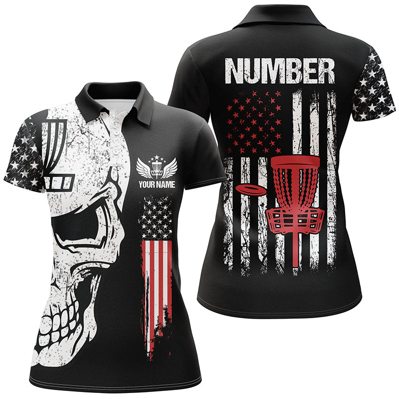 Black American flag Womens disc golf polo shirts custom name, number patriotic disc golf skull apparel NQS6205