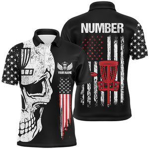 Black American flag Mens disc golf polo shirts custom name, number patriotic disc golf skull apparel NQS6205