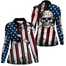 Load image into Gallery viewer, American flag golf Clubs Skull Women Golf Polo Shirt Custom Patriotic golf attire for women golfer NQS8536