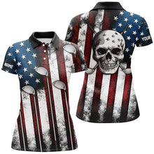 Load image into Gallery viewer, American flag golf Clubs Skull Women Golf Polo Shirt Custom Patriotic golf attire for women golfer NQS8536