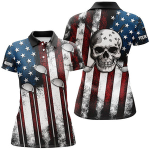 American flag golf Clubs Skull Women Golf Polo Shirt Custom Patriotic golf attire for women golfer NQS8536