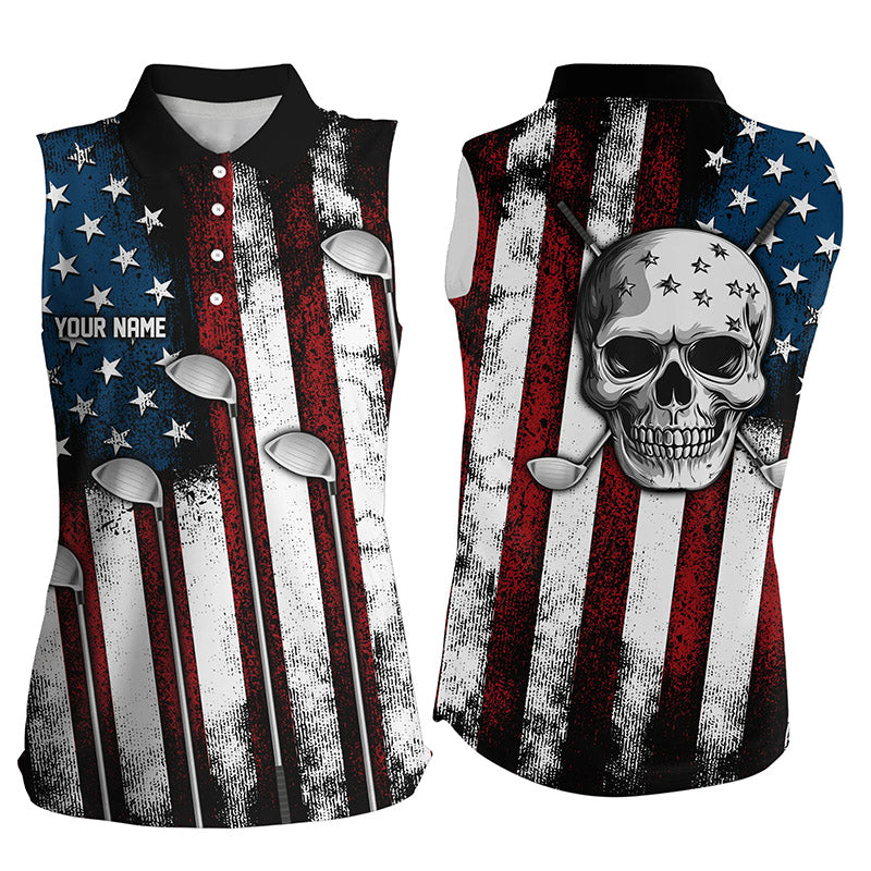 American flag golf Clubs Skull Women sleeveless polo shirt Custom Patriotic golf attire for women NQS8536