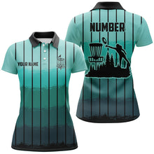 Load image into Gallery viewer, Mint Blue stripe Retro disc golf polo shirt for women custom name and number frisbee golf jerseys NQS8780