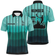 Load image into Gallery viewer, Mint Blue stripe Retro disc golf polo shirts for men custom name and number frisbee golf jerseys NQS8780