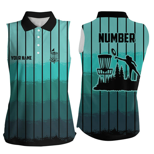 Mint Blue stripe Retro disc golf sleeveless polo shirt custom name and number frisbee golf jerseys NQS8780