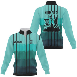 Mint Blue stripe Retro disc golf Quarter zip sweatshirt custom name and number frisbee golf sweater NQS8780