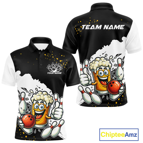 Funny Beer Glass Black and White Bowling Polo, 1/4 Zip Shirts for Men Custom Bowling Team Jersey NQS10933